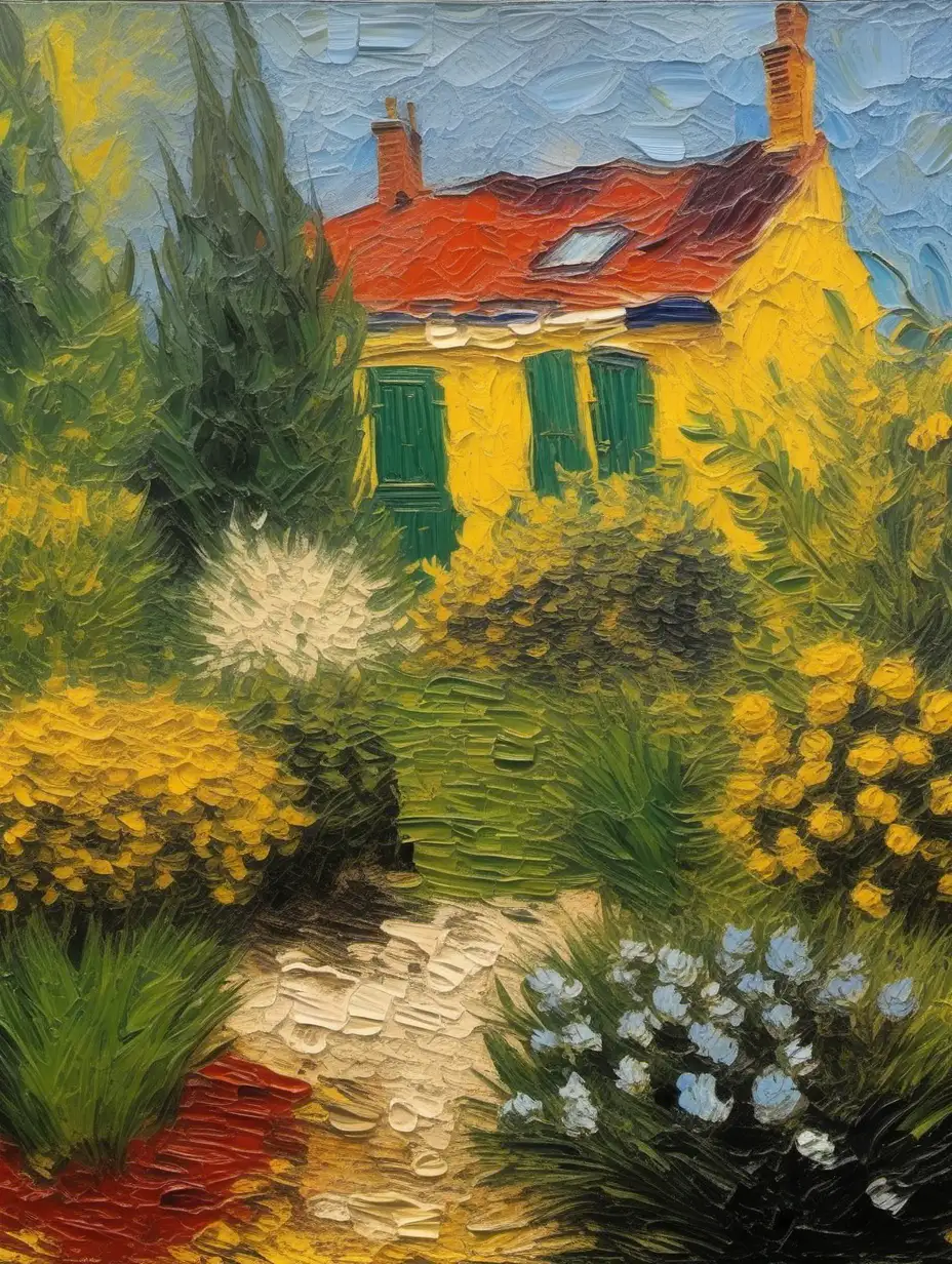 palette knife painting style, Van Gogh, 19th century European back garden, hyperfine details, depth of field, vintage vibe