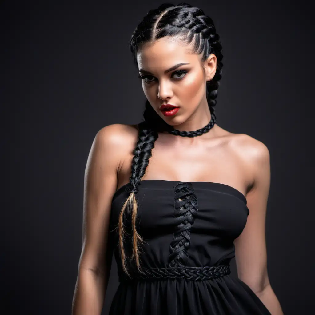 beautiful model with black braided hair, with a passionate expression wearing a sexy dress