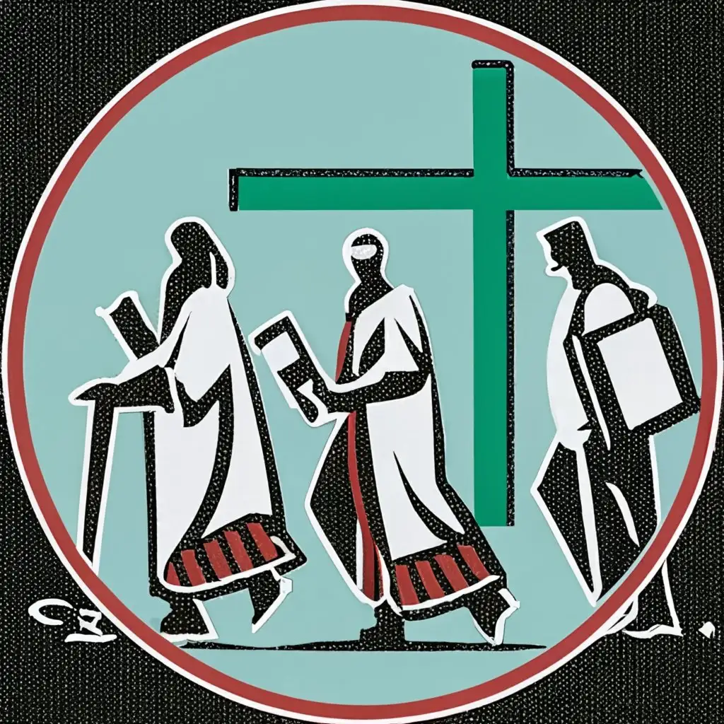 logo, Bible, cross, 🔊, men and women walking, color, light blue, and red, green, with the text "MISSIONARY EVANGLISTIC TEAM TANZANIA", typography, be used in Religious industry