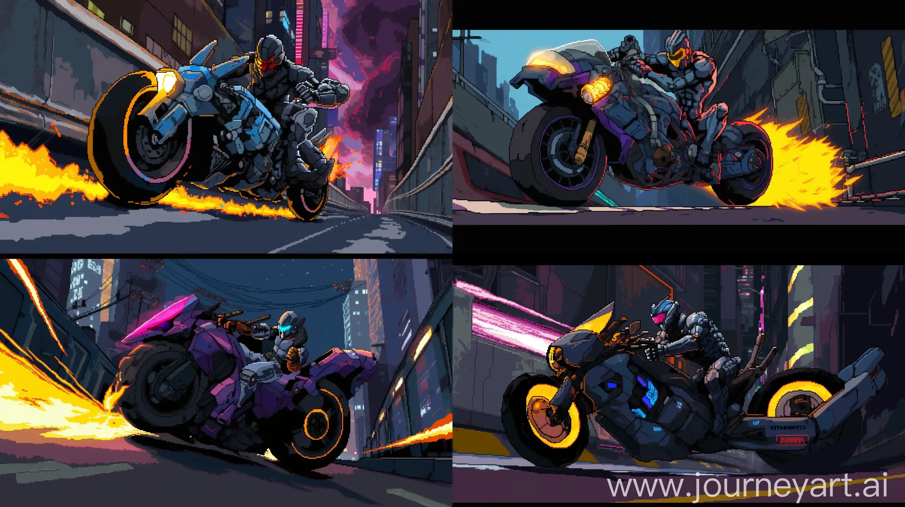 Cyberpunk-Motorcycle-Rider-in-Joe-Madureira-Style-Pixel-Art-Scene
