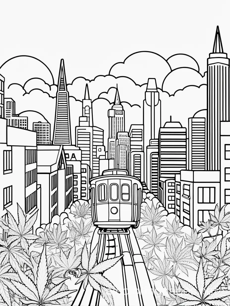 san francisco cannabis fantasy, Coloring Page, black and white, line art, white background, Simplicity, Ample White Space. The background of the coloring page is plain white to make it easy for young children to color within the lines. The outlines of all the subjects are easy to distinguish, making it simple for kids to color without too much difficulty