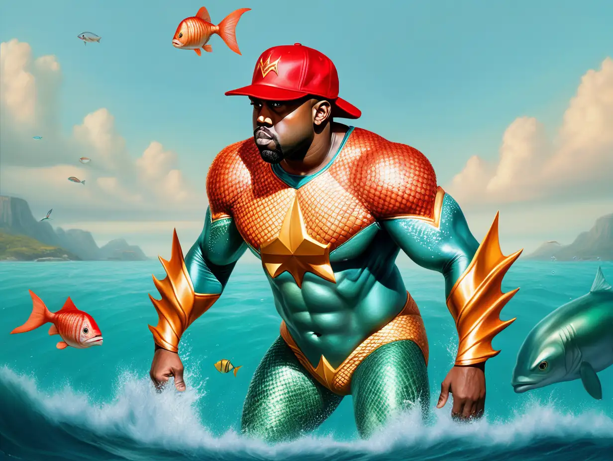 in the style of an oil painting, create an image of kanye west dressed as aquaman, standing in the ocean. Show him wearing a red baseball cap and have fishes kissing him.