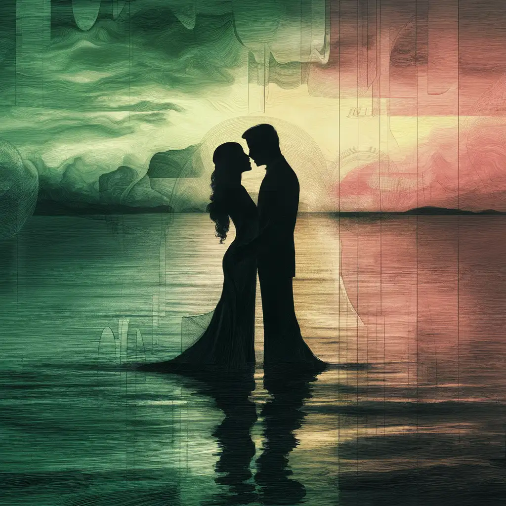, the sun is going down and the sea is still and reflecting, the silhouettes of a couple, very fine pencil lines, post art deco style, color scheme dominated by green, pink and yellow, nuanced , layered, atmospheric, reflective