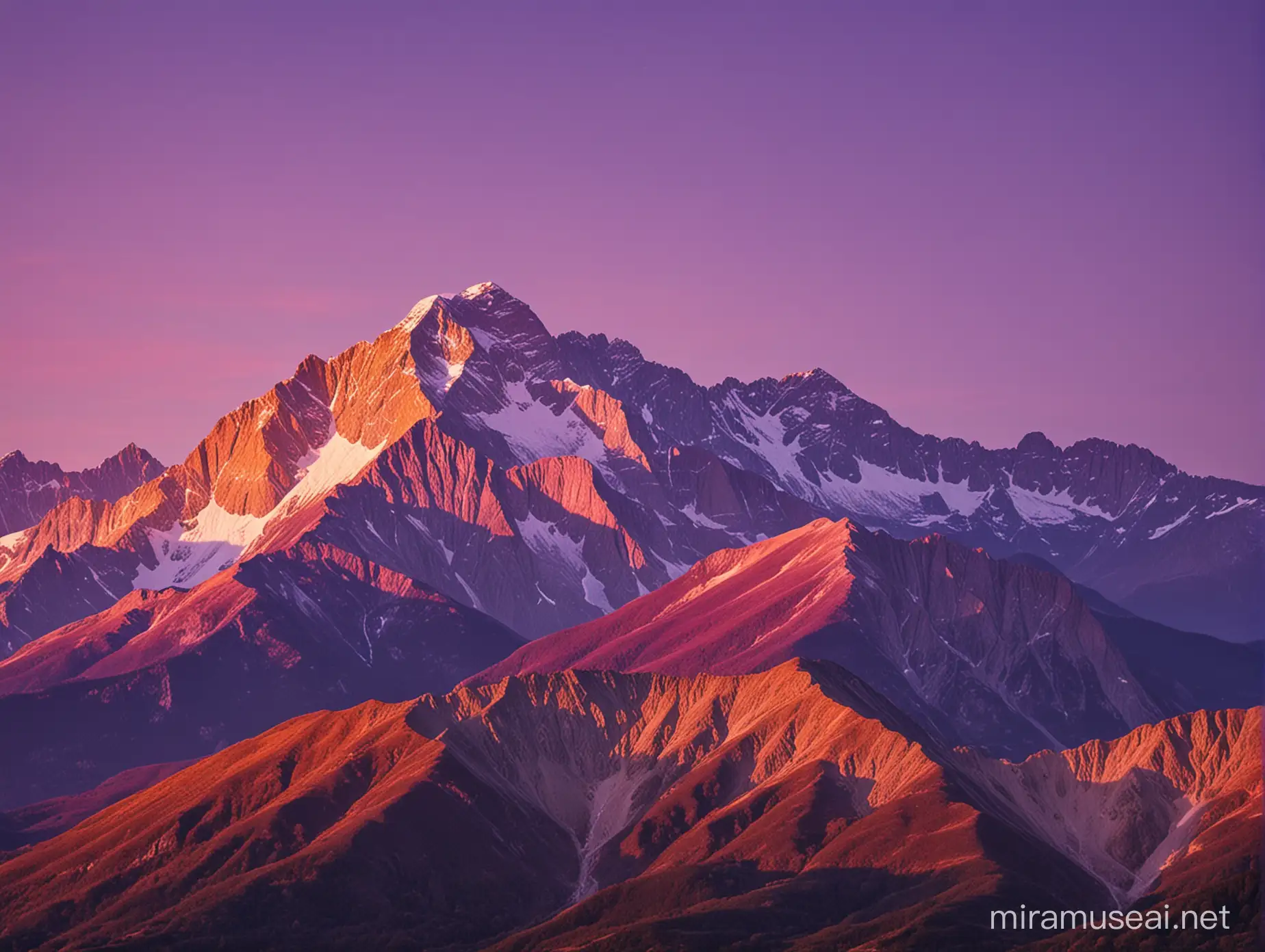 mountainrange during sunset, the sky vibrant colours purple, gold, pink, the mountains looking purple