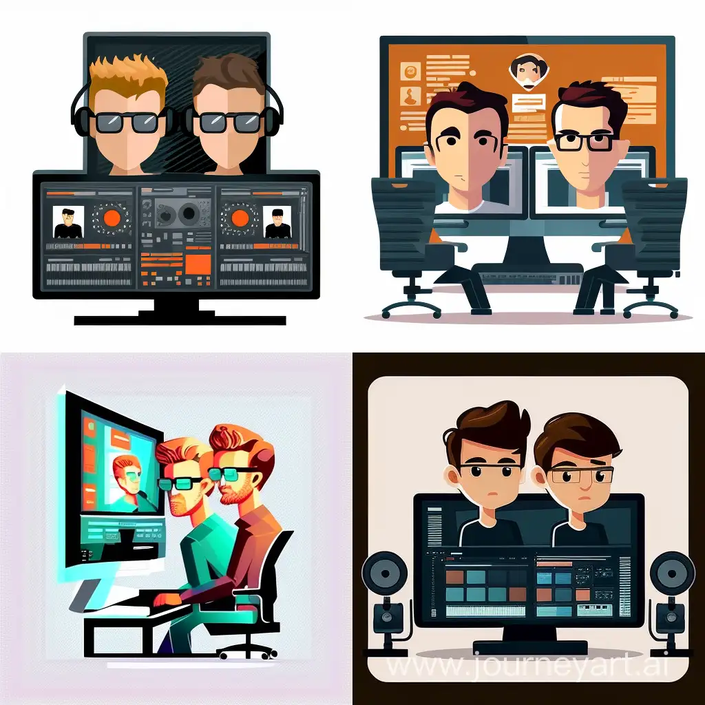 icon for duet of two male programmers without glasses sitting in front of monitors
silhouette
noir