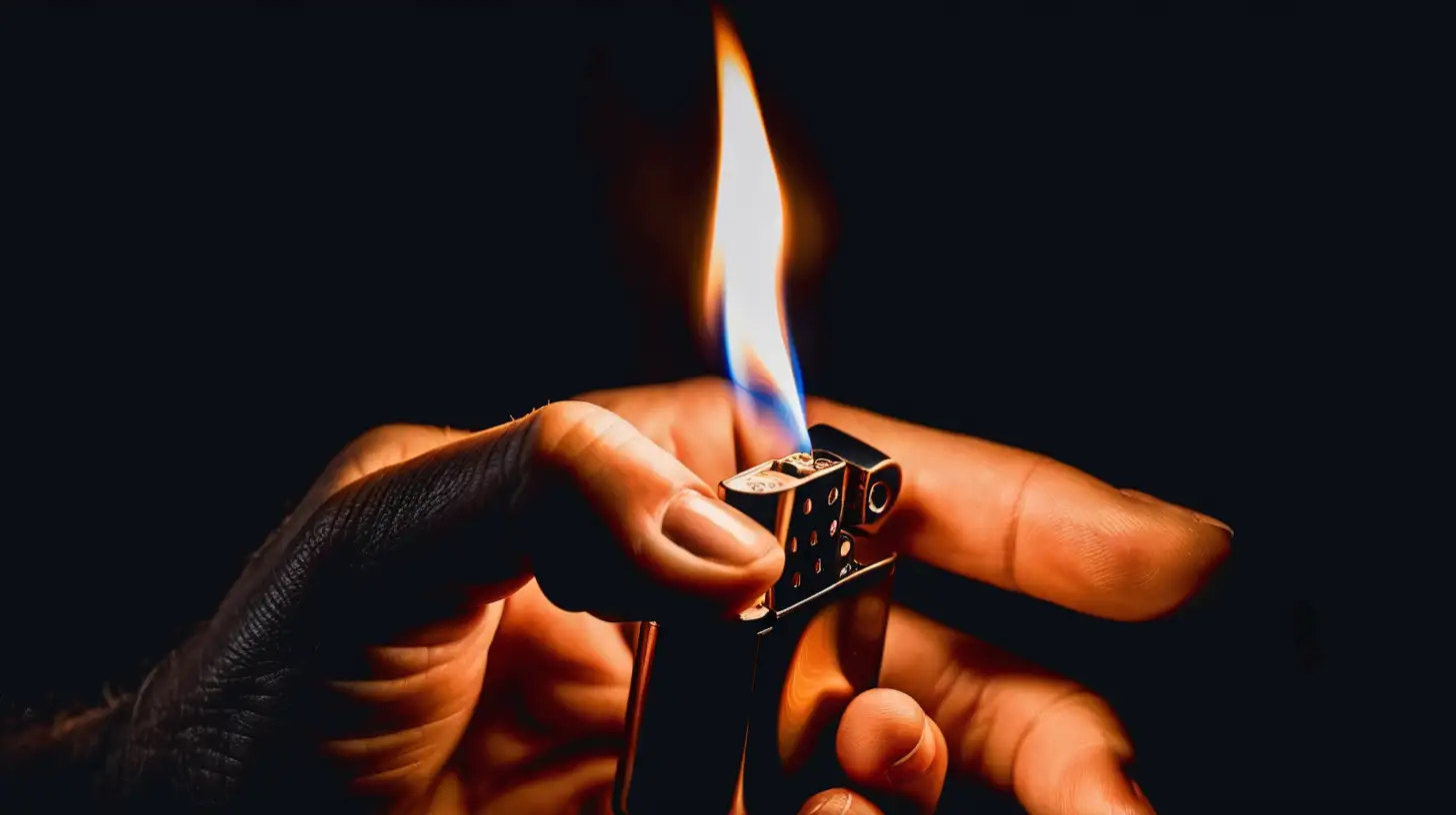 man's fingers burning from the lighter in complete darkness