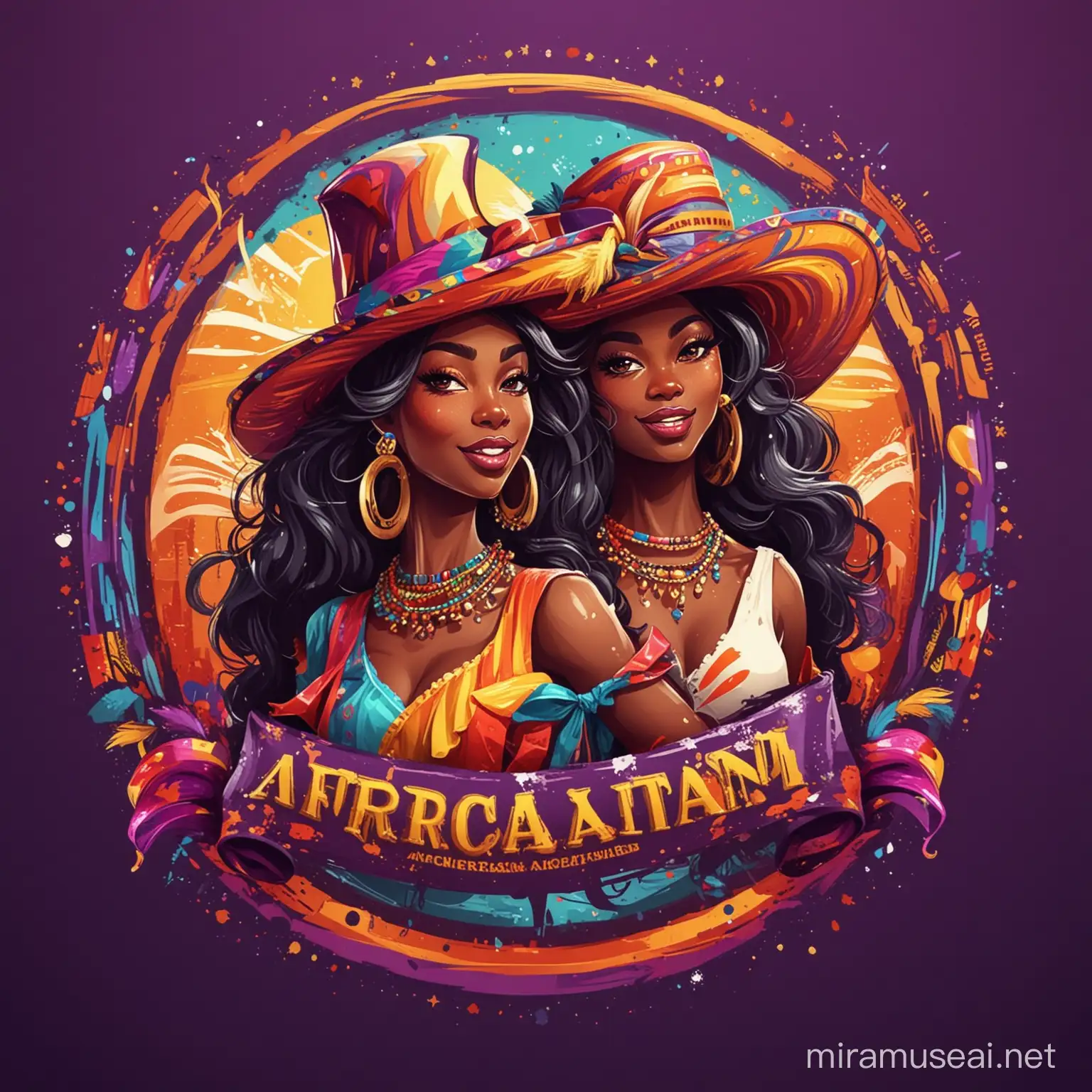 Create logo of african american fans partying, colorful fancy hats, fancy clothes, dancing to music, drinking alcohol, derby festival horse race setting