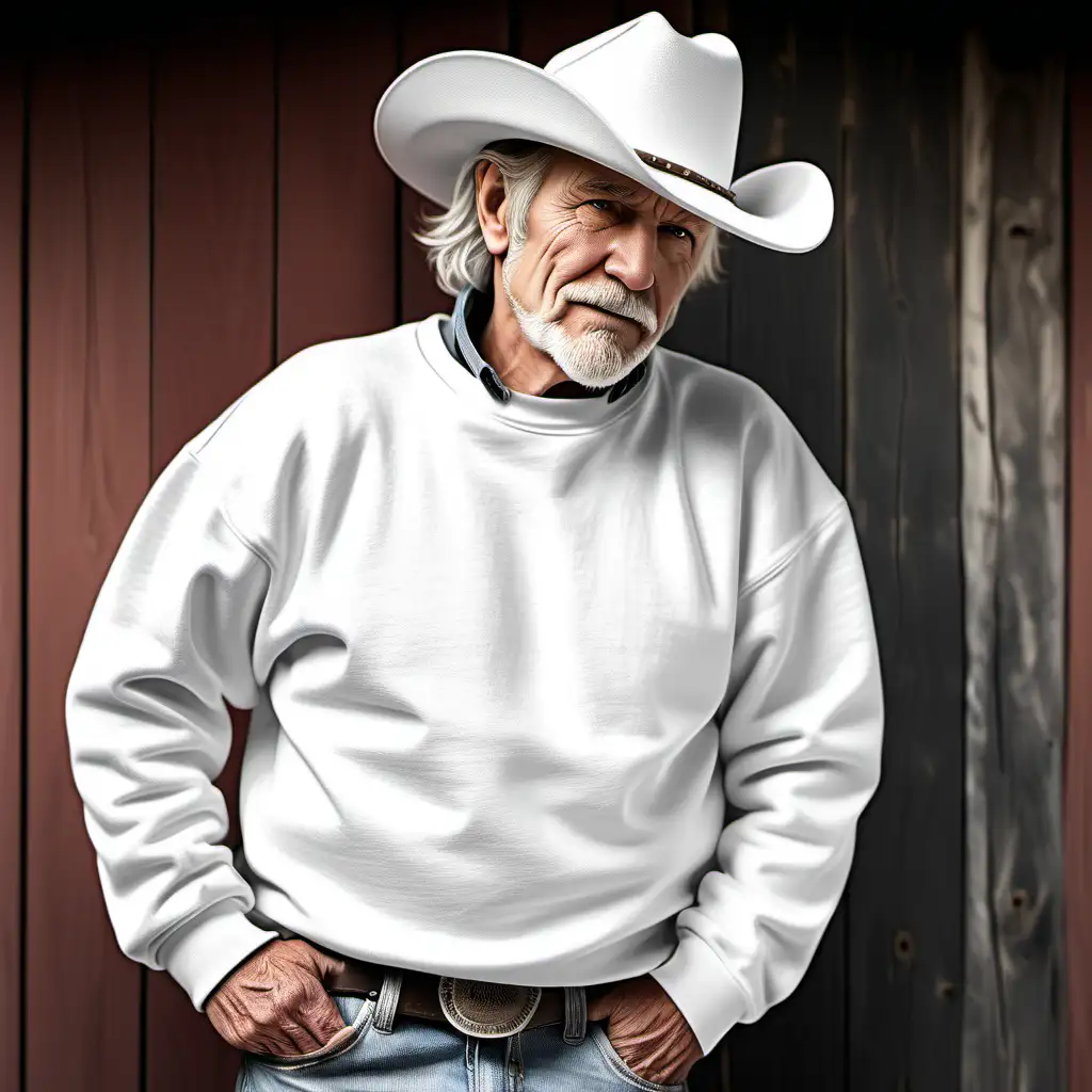 western style, cowboy hat,rugged older man wearing a plain white gildan 18000 sweatshirt and jeans mockup cozy aesthetic --s 50 backgroud country
