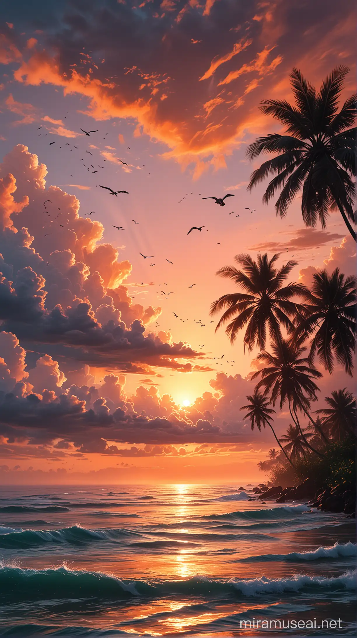 Tranquil Tropical Sunset with Palm Trees and Gliding Birds