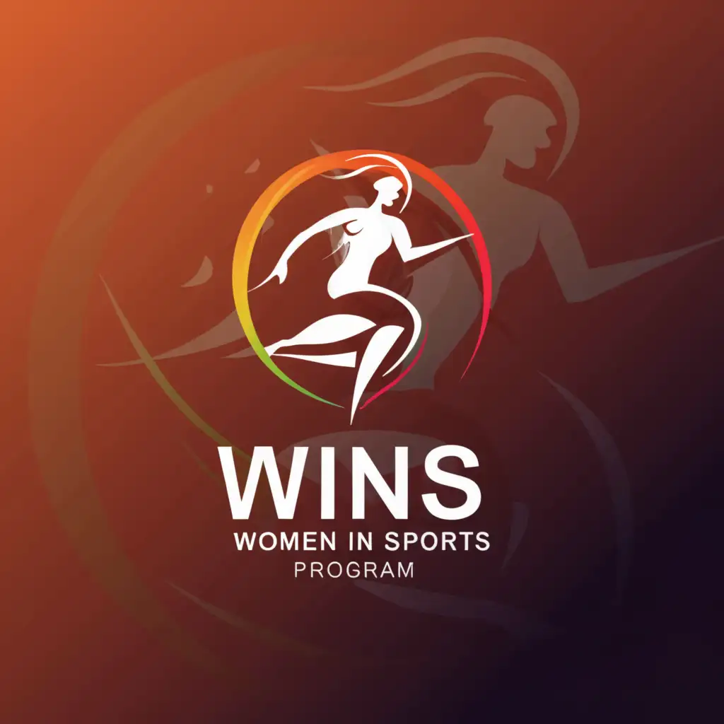 a logo design,with the text "WOMEN IN SPORTS PROGRAM 'WINS'", main symbol:MELANESIAN FEMALE SPORTSPERSON IN RED COLOUR WITH A GRADIENT OF YELLOW AND ORANGE,complex,be used in Sports Fitness industry,clear background