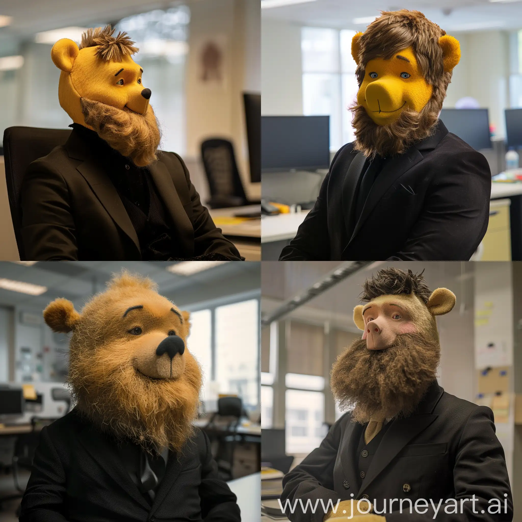 winnie the pooh, con barba, en una oficina, con traje negro