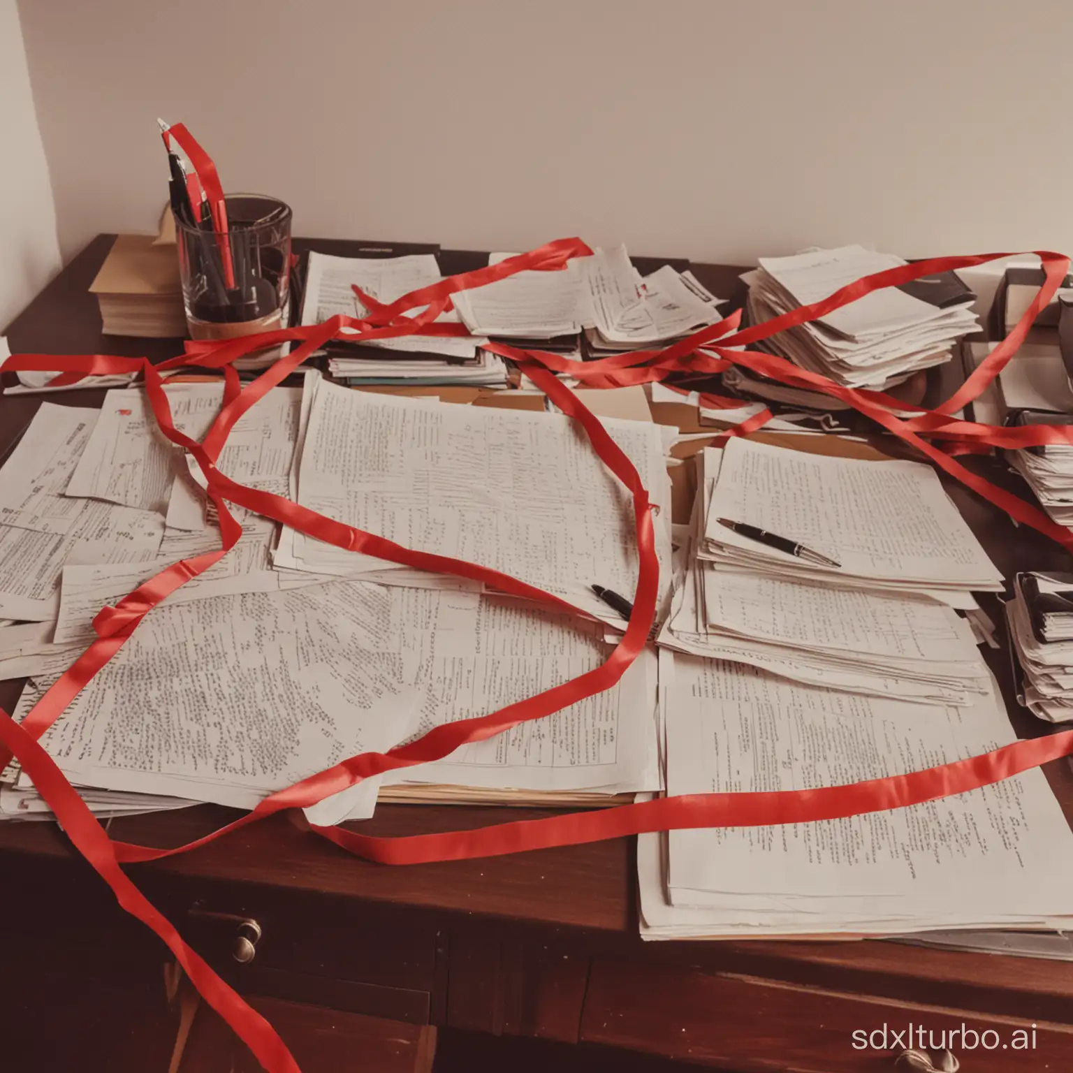 a desk with an endless amount of paperwork, draped in red tape