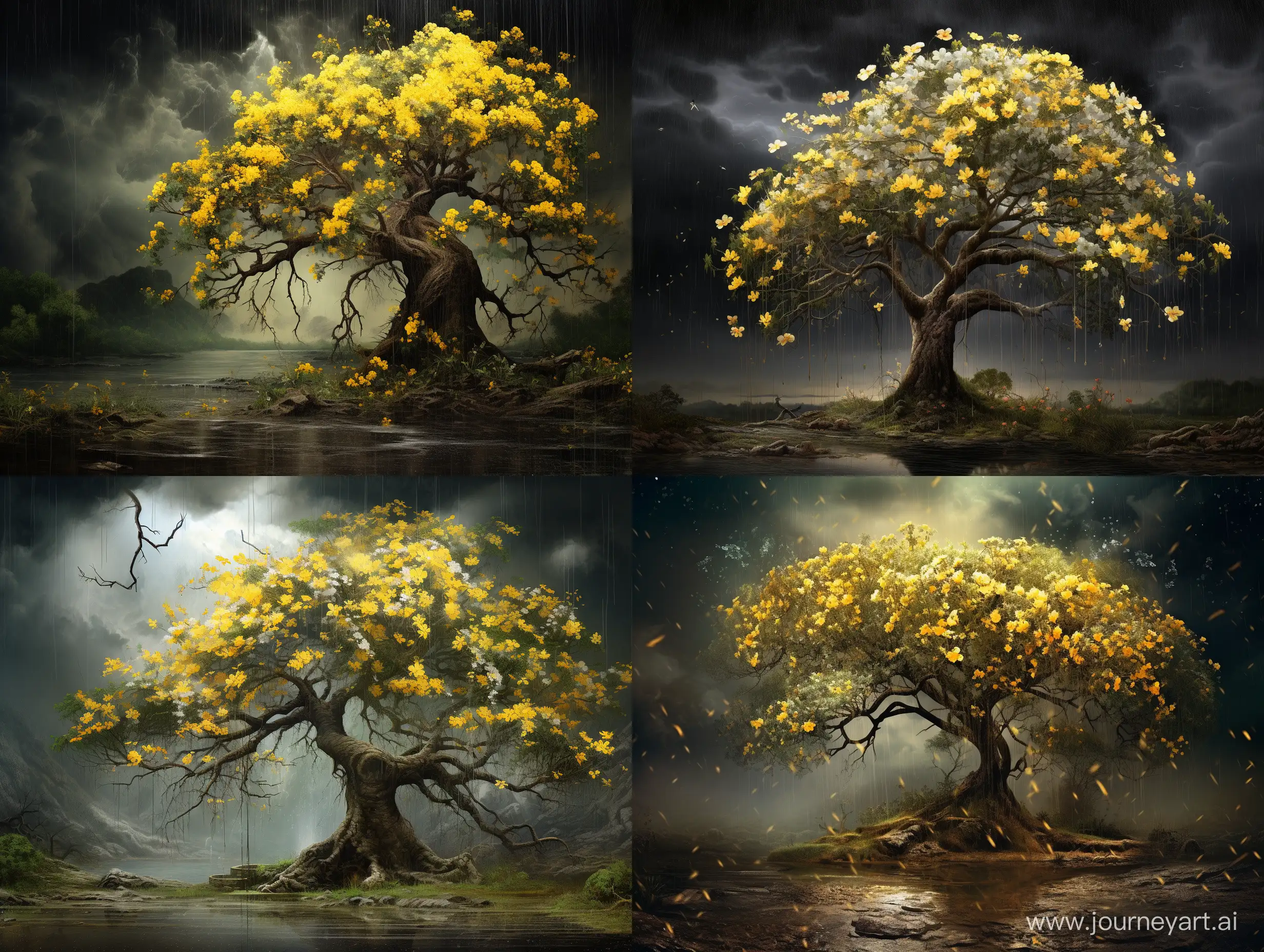 The image features a tree with a large number of yellow flowers blooming on it. The tree is surrounded by a downpour of rain, which is falling on the flowers and the tree itself. The scene captures the beauty of the tree and its flowers in the midst of the rainfall.