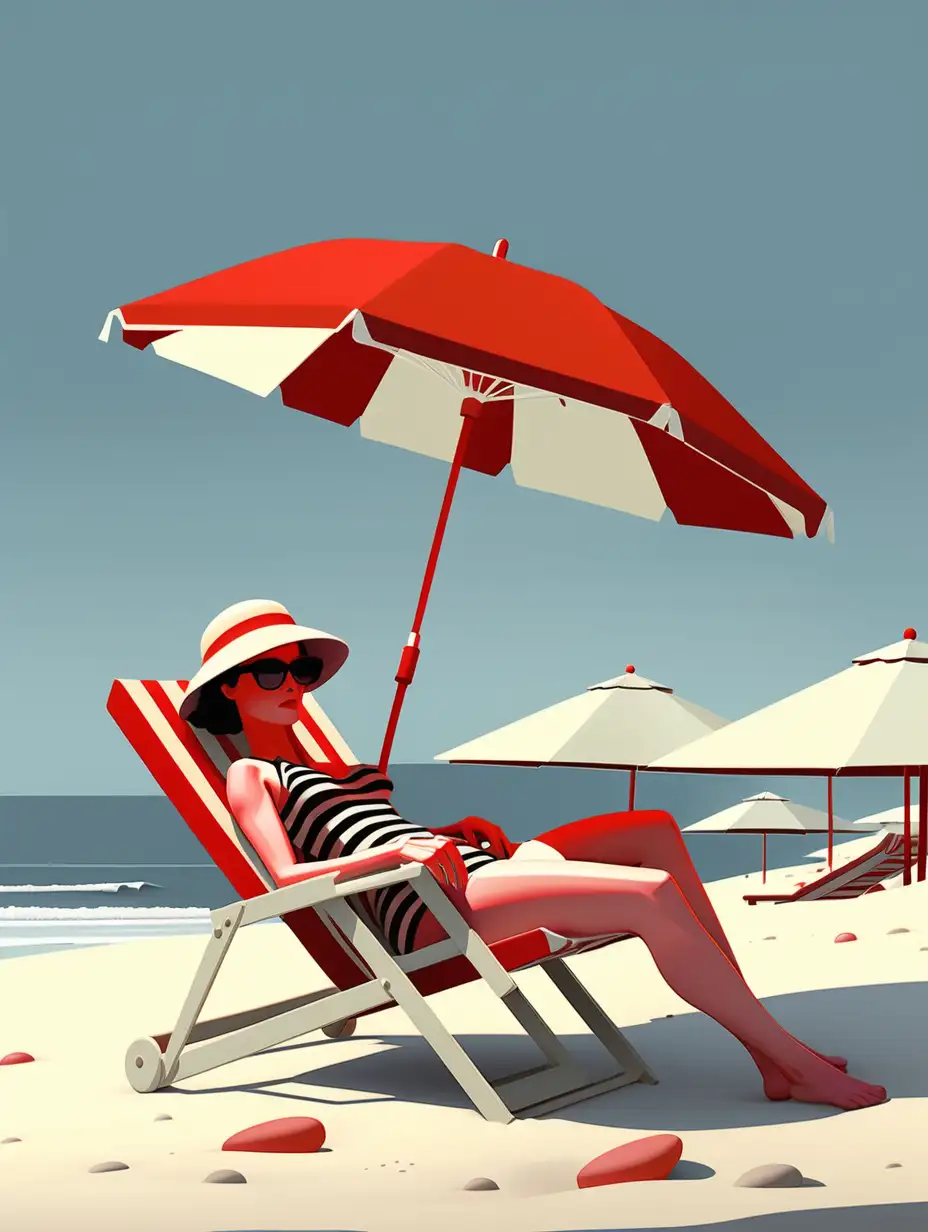 a woman is laying in a beach chair under a red whitish umbrella, in the style of scott listfield, paul rand, louis faurer, striped, bold shadows, digitally enhanced, snow scenes --ar 21:25