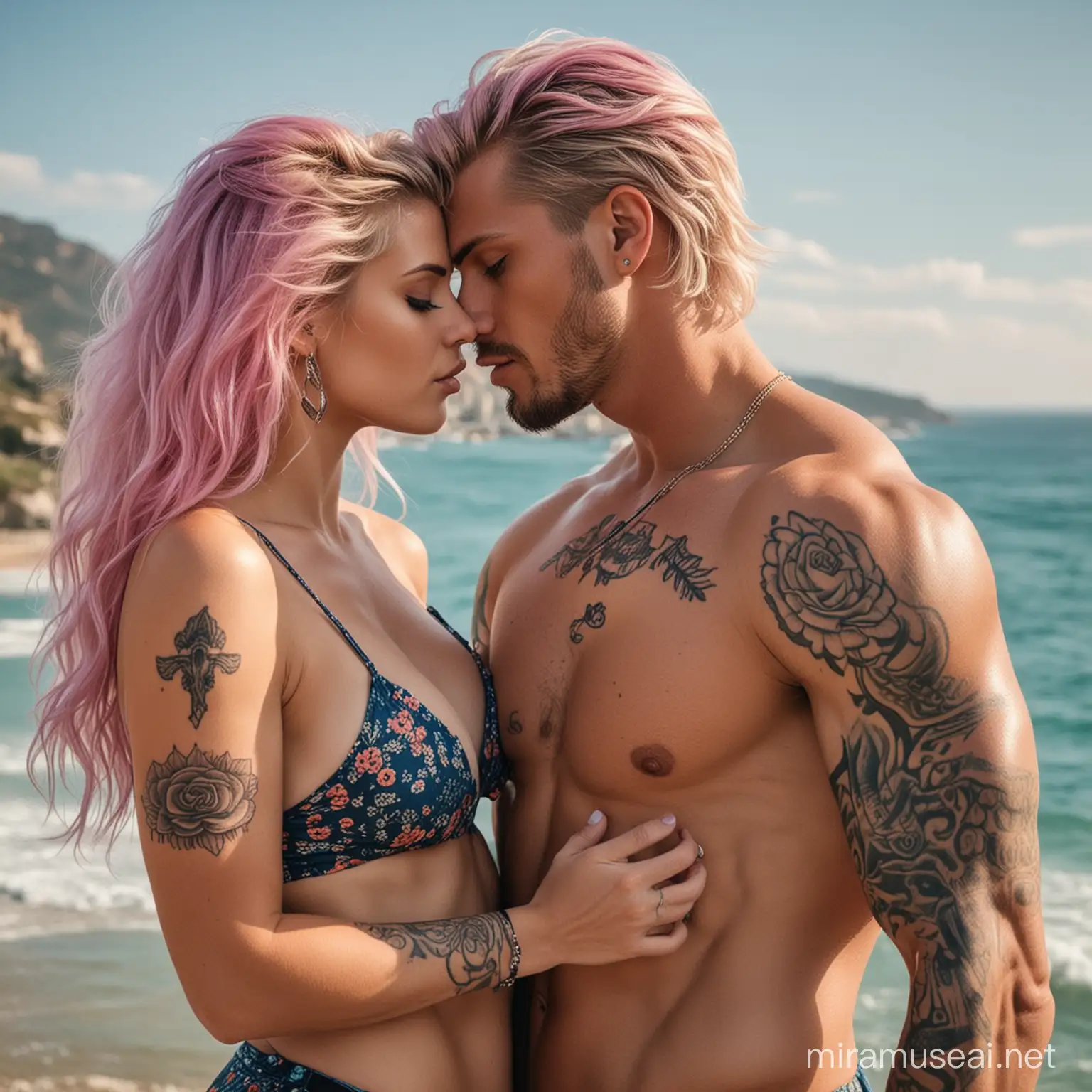 Romantic Kiss by Muscular Man and Pregnant Wife with Stunning Ocean View