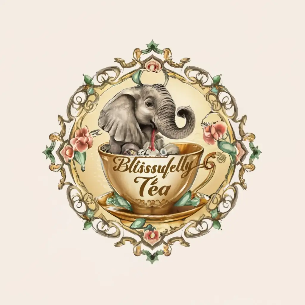 a logo design,with the text "BlissfullyTea", main symbol:Elephant, Tea, Floral,Moderate,clear background