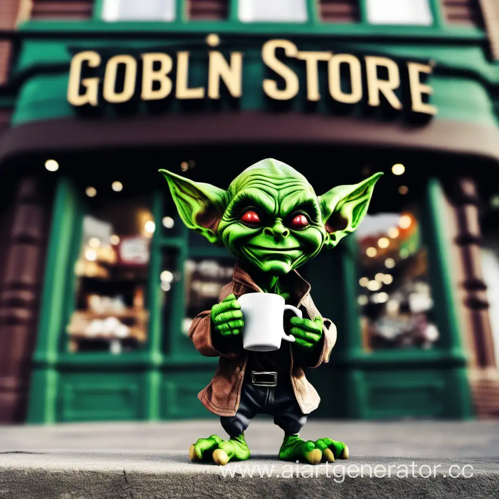 зелёный маленький гоблин,на фоне магазина с подписью Goblin store,держит в руке кружку кофе