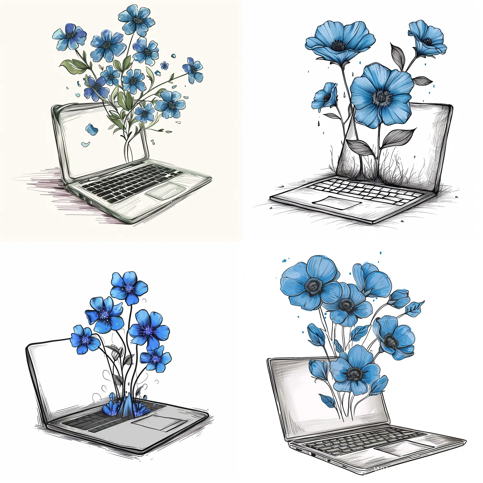 A laptop with beautiful blue flowers emerging from it. Vector sketch drawing illustrator style on white background. 