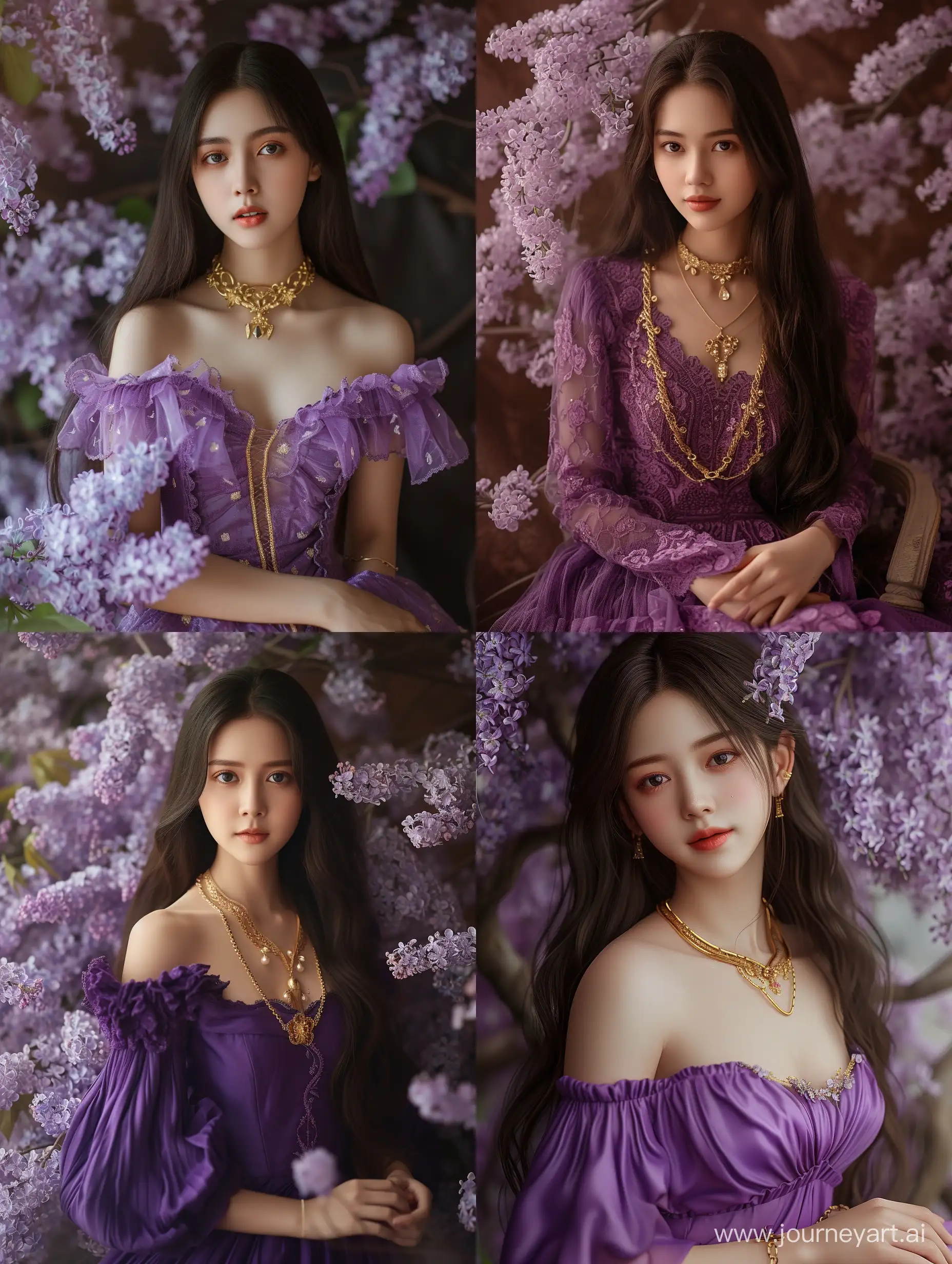 generate a full body pose photo, beautiful stunning Indonesian girl in purple dress, portrait, gold necklace, long dark brown hair, lilac flowers, high detailed, realistic,