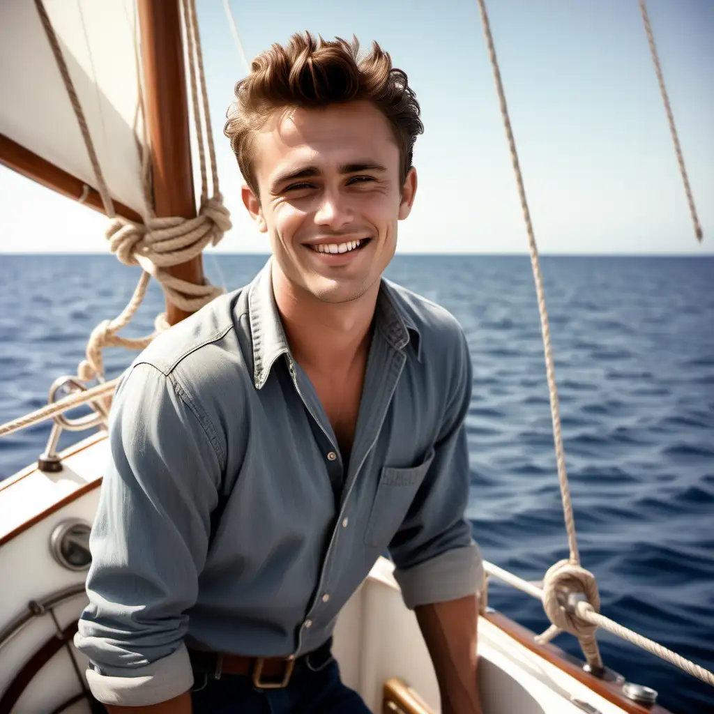 handsome 30-year-old man with short brown hair who looks like James Dean smiles on a sailboat