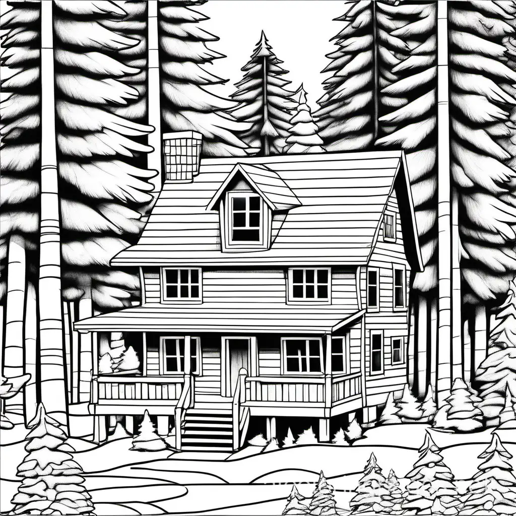 in the woods of tall thick fir trees there is a 2 story cabin with a wrap around porch , Coloring Page, black and white, line art, white background, Simplicity, Ample White Space. The background of the coloring page is plain white to make it easy for young children to color within the lines. The outlines of all the subjects are easy to distinguish, making it simple for kids to color without too much difficulty