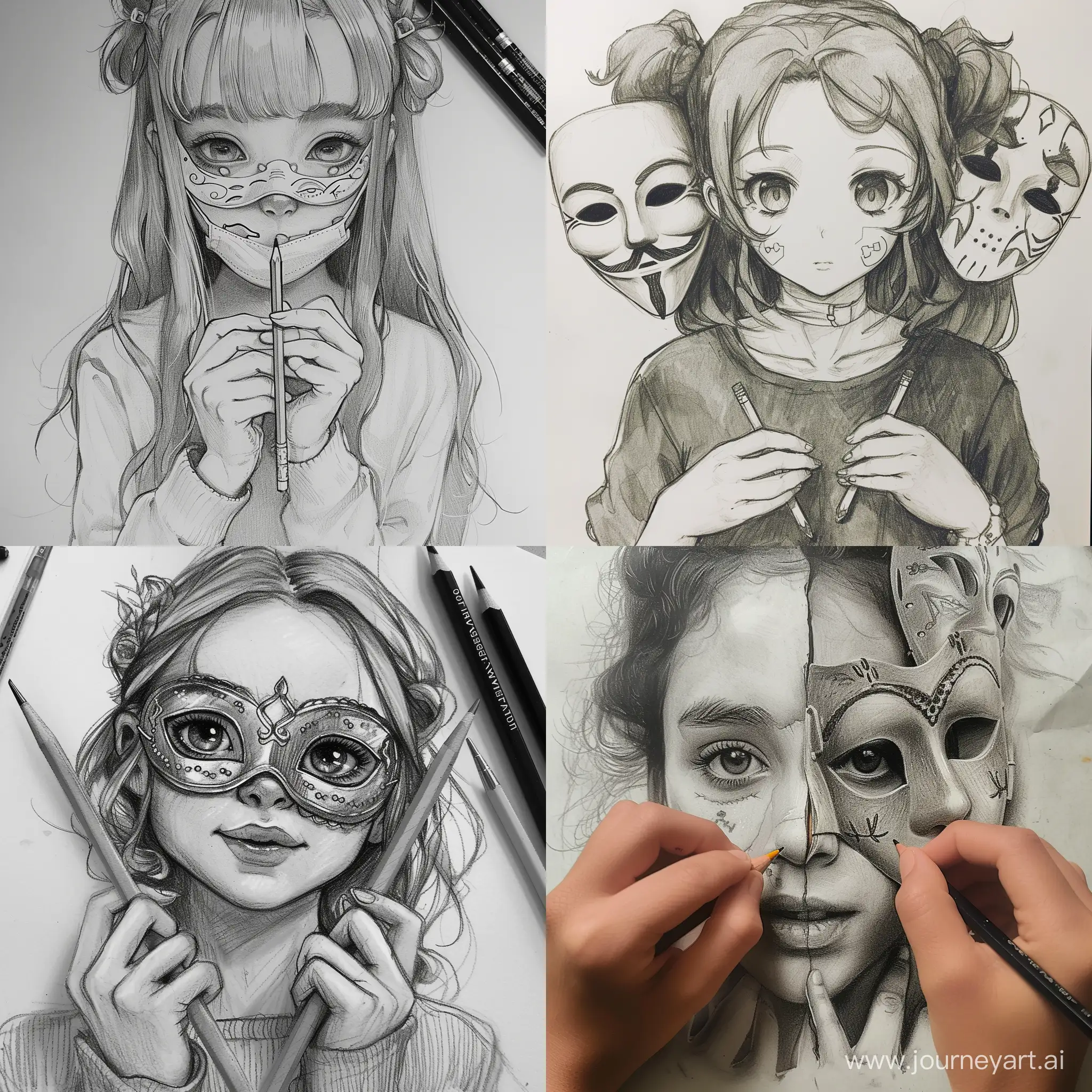 Drawing of a girl with masks and a pencil in her hands