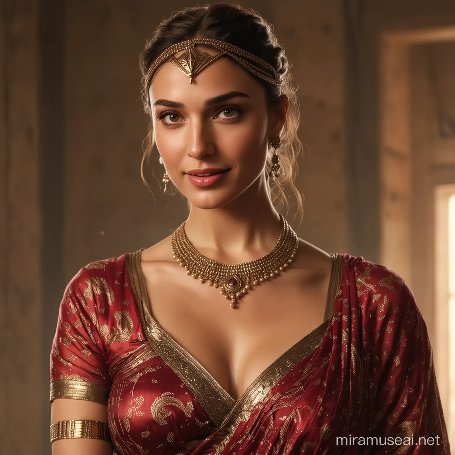 gal Gadot wearing traditional Indian saari with sexy Indian blouse, with jwellery, wonder woman head piece, huge breast, downblouse, beautiful eyes beautiful face, soft smile,soft light, epic realism, extremely detailed, full body shot