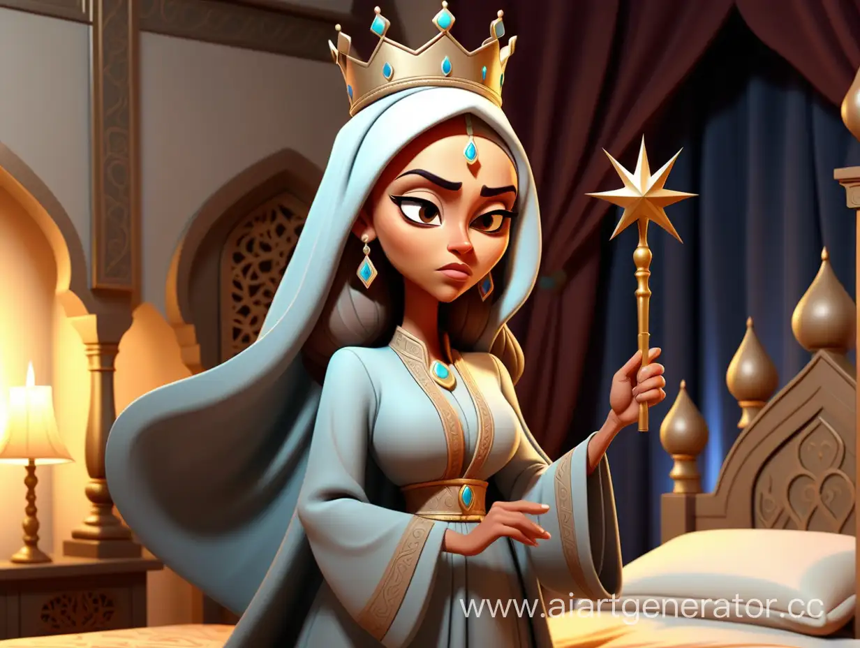 cartoon style, 8k, The Muslim queen standing near the bed of the Muslim princess sleeping  waved an old magic wand in the air and then recited a mysterious incantation