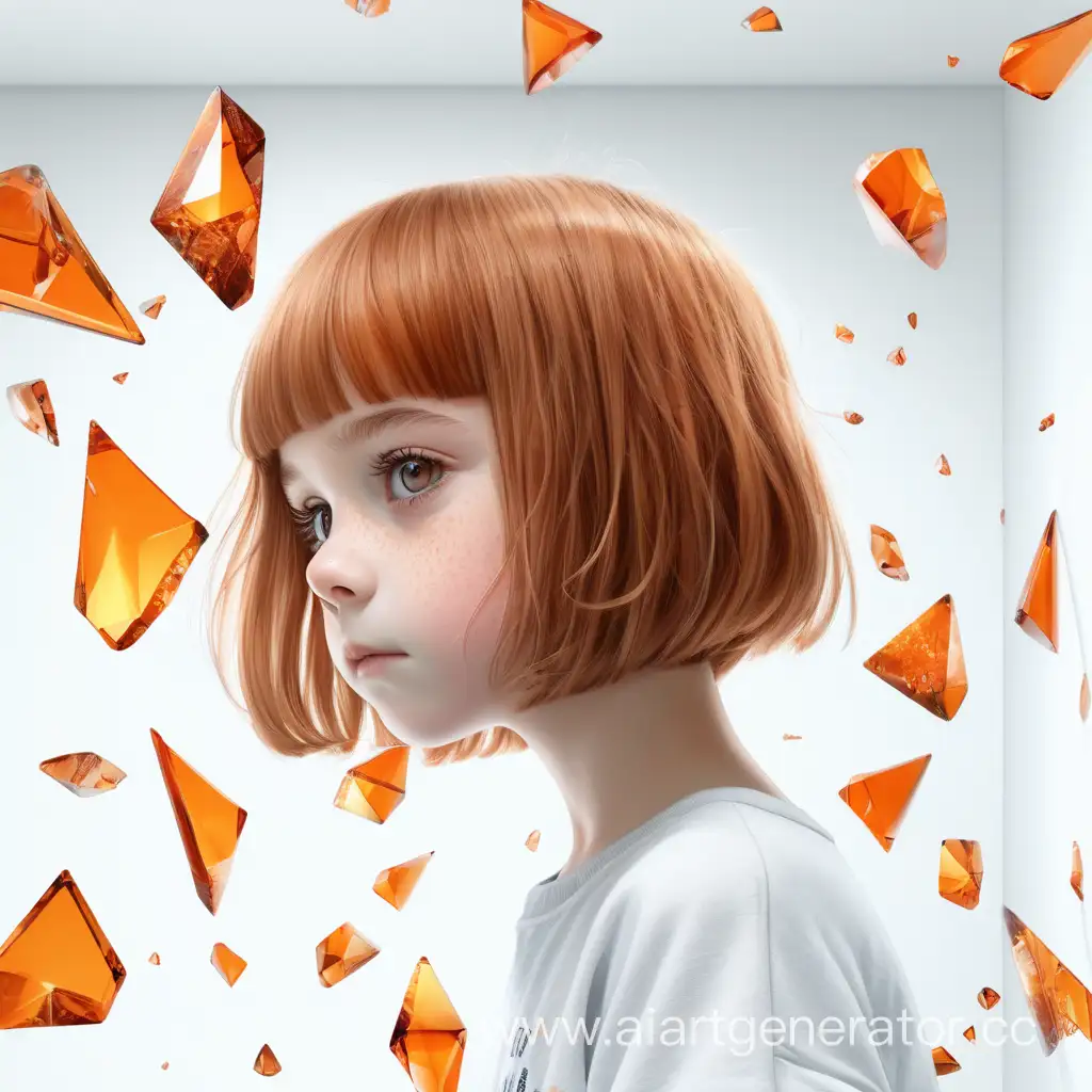 девочка двенадцати лет с каштановым каре в белой комнате с оранжевыми осколками стекла вокруг