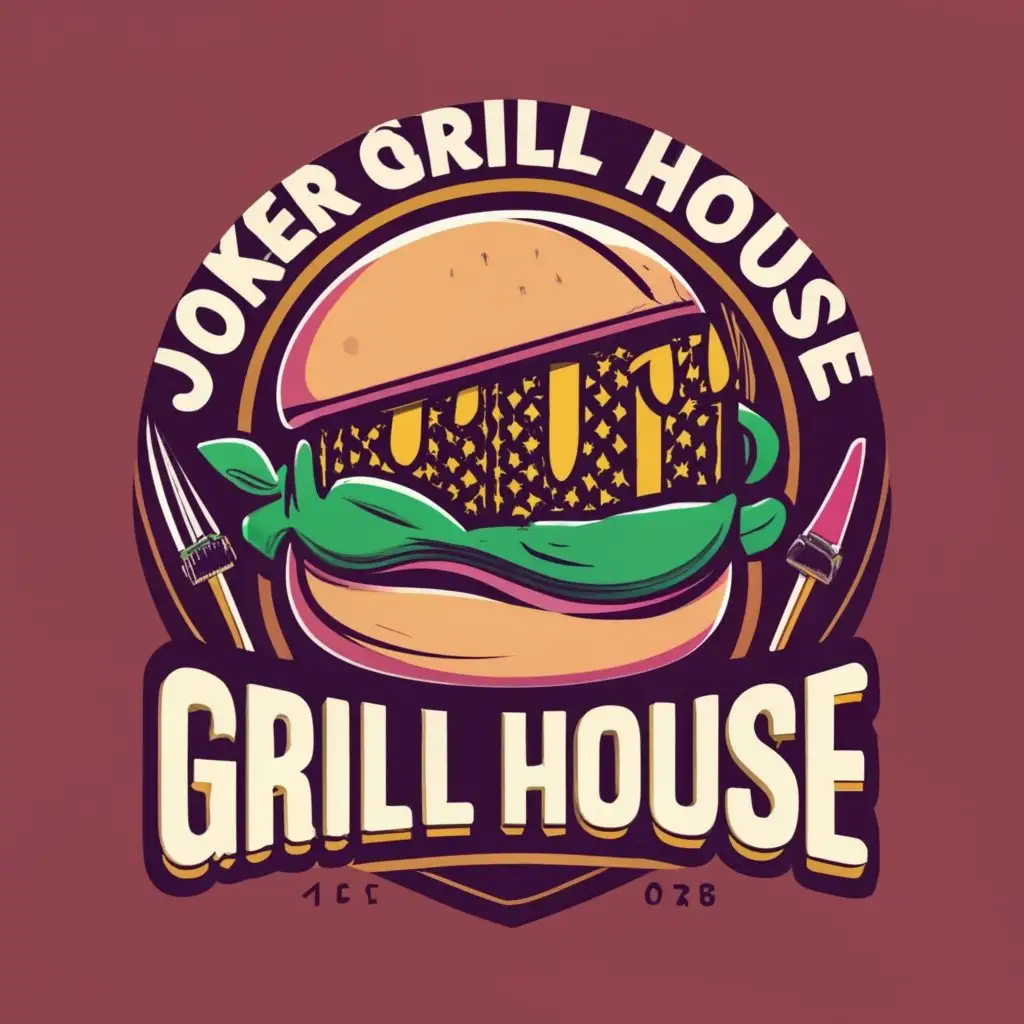 logo, Main photo Burger, and anything related to joker harley quinn, with the text "Joker Grill House", typography, be used in Restaurant industry