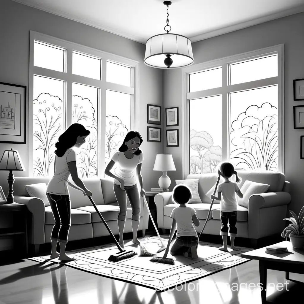 A family cleaning a living room in their house
, Coloring Page, black and white, line art, white background, Simplicity, Ample White Space. The background of the coloring page is plain white to make it easy for young children to color within the lines. The outlines of all the subjects are easy to distinguish, making it simple for kids to color without too much difficulty