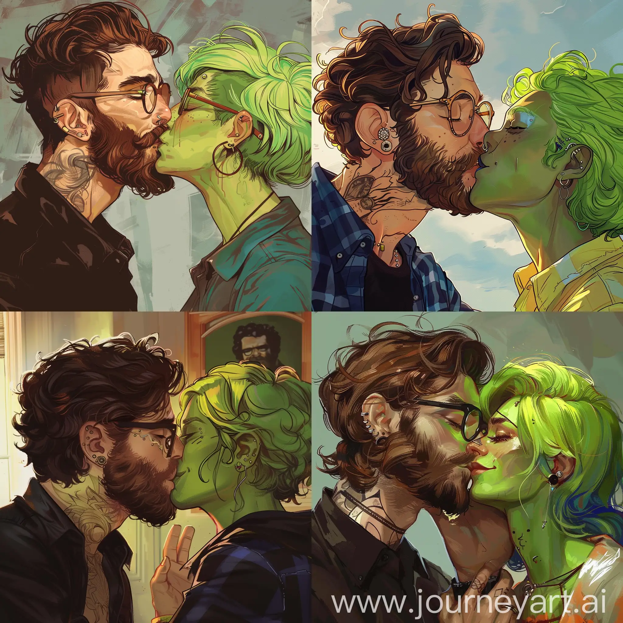 wavy haired brown beard glasses man kissing green haired liberal with piercings on face
