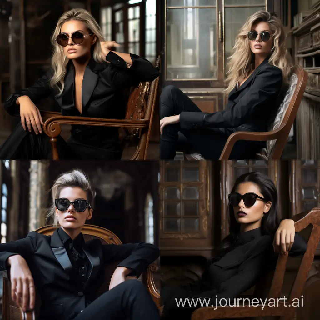 fashion editorial Tyler Mitchell style:, woman model, in ancient old vignard, siting in an old chair, full black clothing, wearing add full black acetate glasses, ysl, Polarized 1.1 Tac lenses, slightly round, Dimensions of  the timeless acetate black frame 46-21-145 mm, two screws on each side that keep the glasses entact, PASOLINI Gradient moncada eyewear, Polarized 1.1 Tac lenses