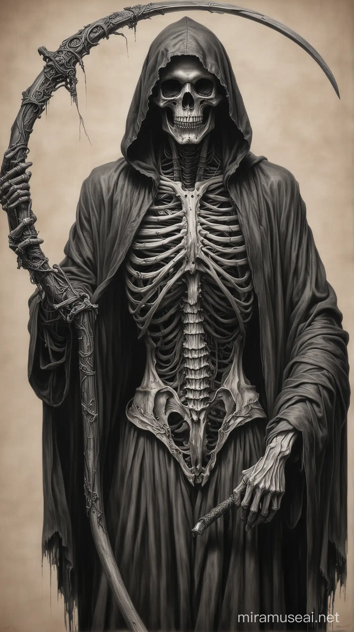 Black and grey realism drawing of Grim reaper holding a scythe with a robe and exposed skeleton ribcage