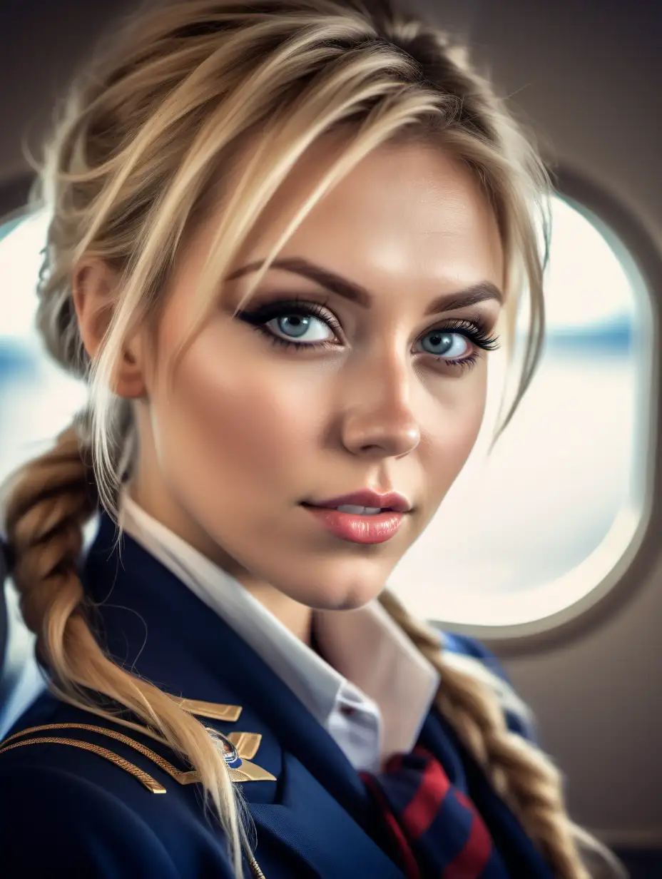Beautiful Nordic woman, very attractive face, detailed eyes, big breasts, dark eye shadow, messy blonde hair, dressed as a stewardess, with a ascot scarf around her neck, close up, bokeh background, soft light on face, rim lighting, facing away from camera, looking back over her shoulder, standing in a private plane, photorealistic, very high detail, extra wide photo, full body photo, aerial photo