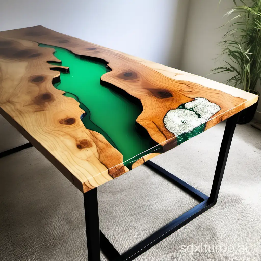Epoxy river table with wood and green river