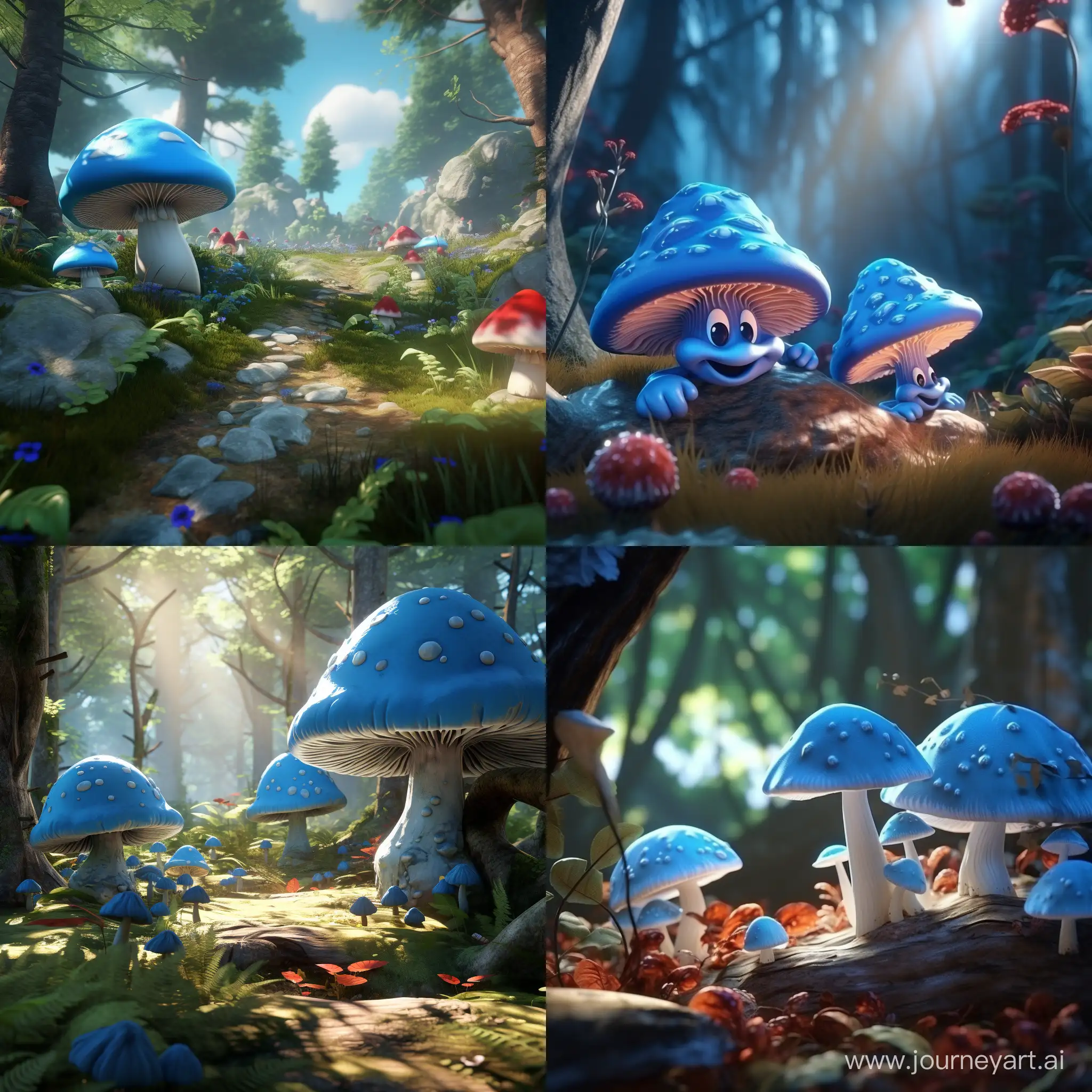 Smurf mushrooms in the woods. 3D animation 