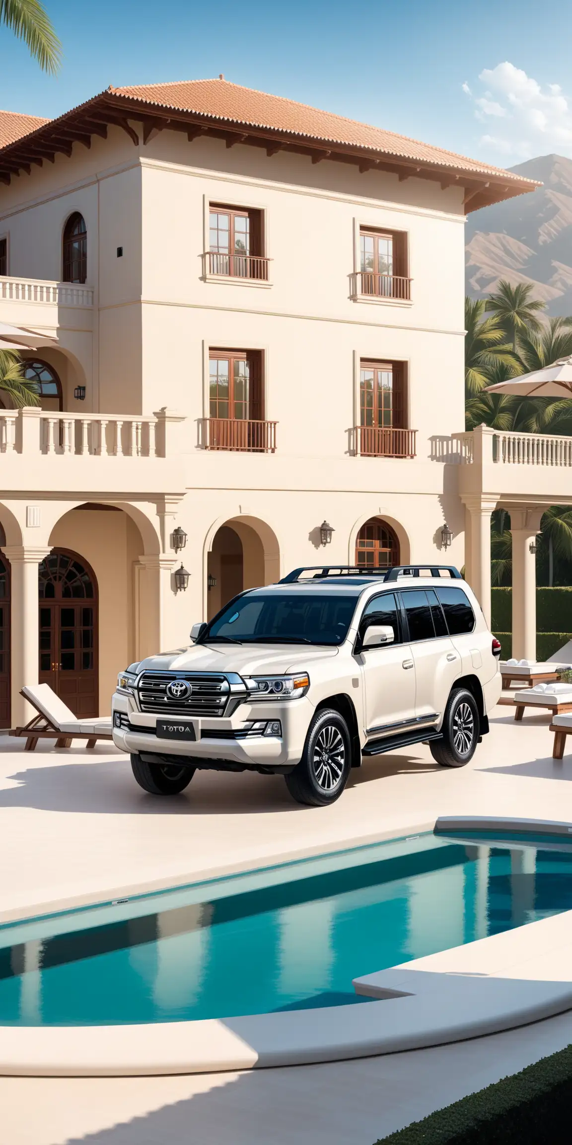 toyota land cruiser 2024 in front of a villa and pool