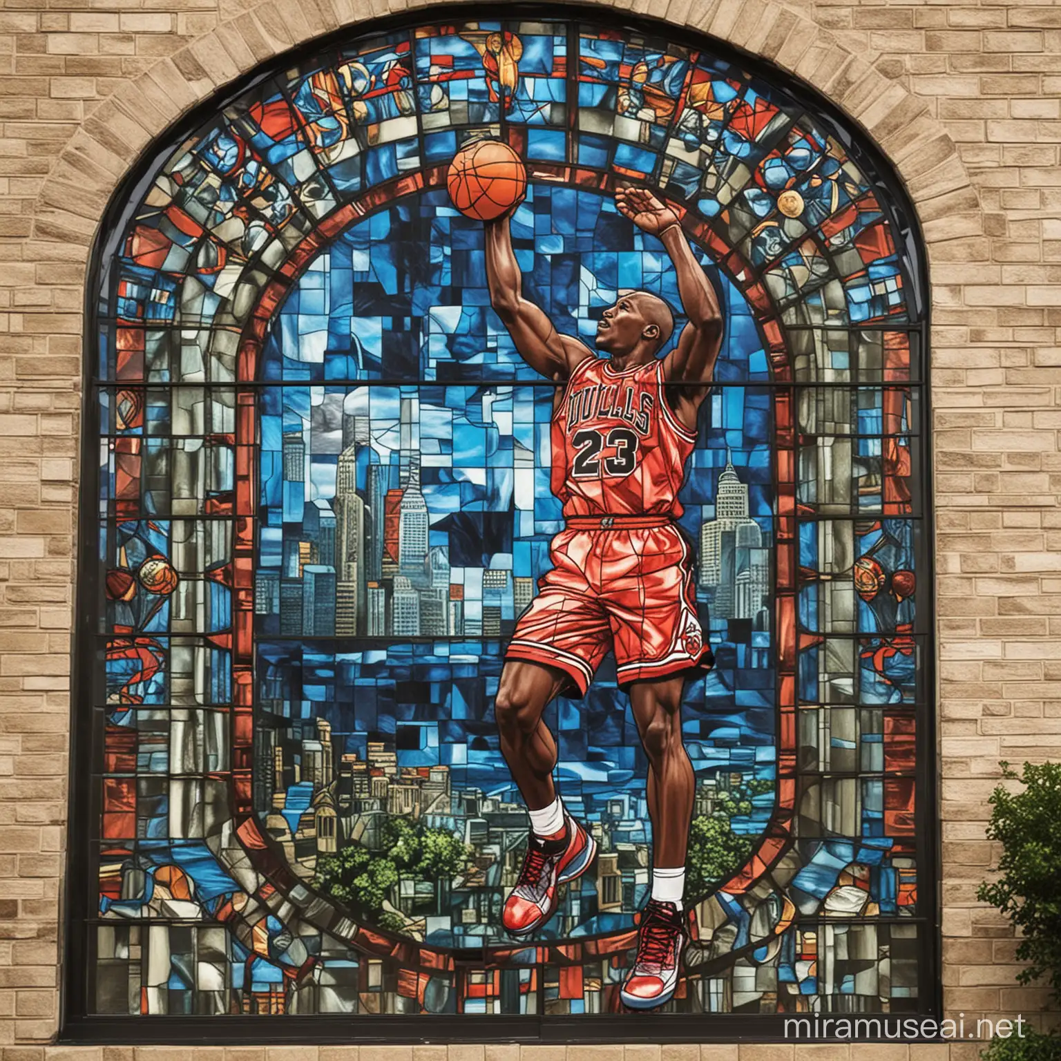 Michael Jordan dunk as a stained glass mural