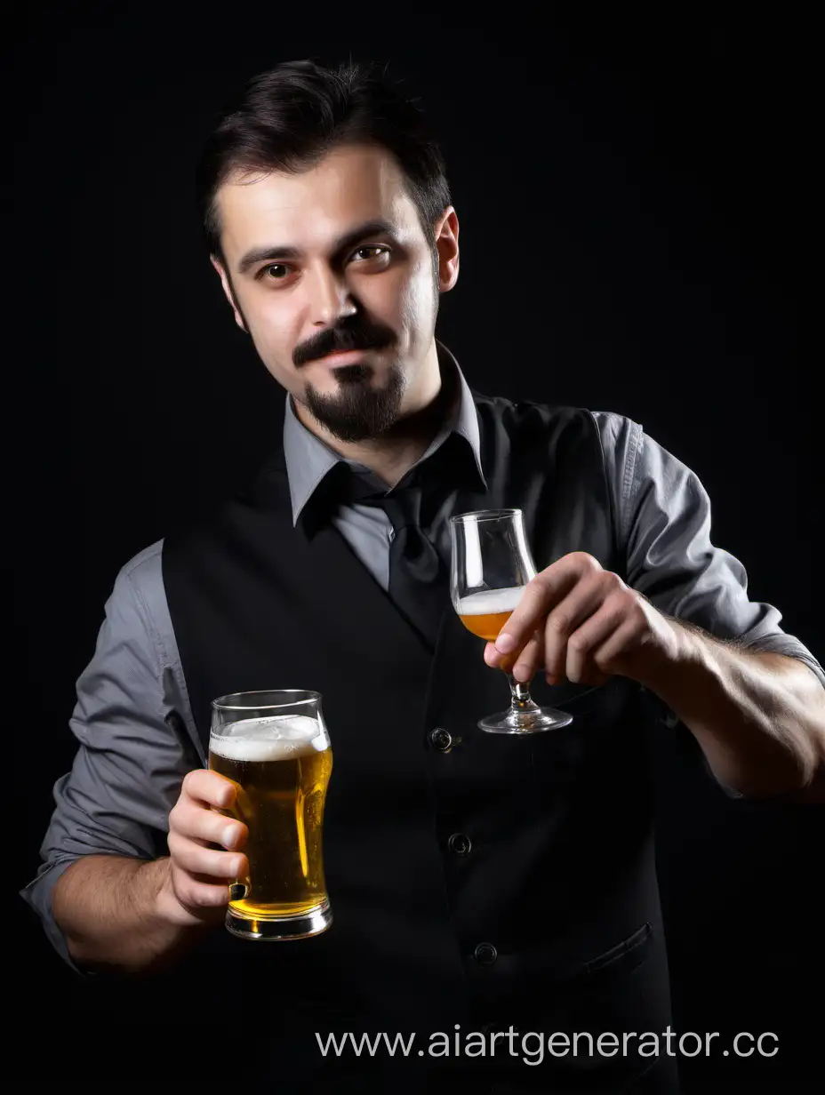 мужчина бармен с бокалом пива на черном фоне