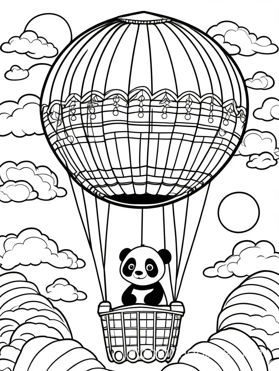 A panda in a hot air balloon, Coloring Page, black and white, line art, white background, Simplicity, Ample White Space. The background of the coloring page is plain white to make it easy for young children to color within the lines. The outlines of all the subjects are easy to distinguish, making it simple for kids to color without too much difficulty