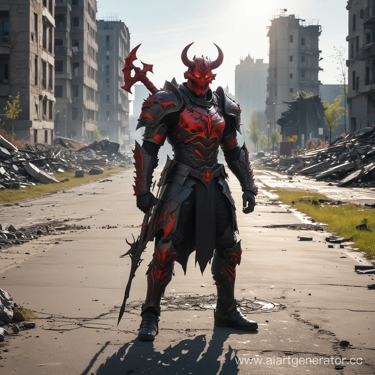 Red-Demon-in-Black-Armor-with-Magical-Staff-Amidst-Ruins-of-Megapolis-on-a-Sunny-Day