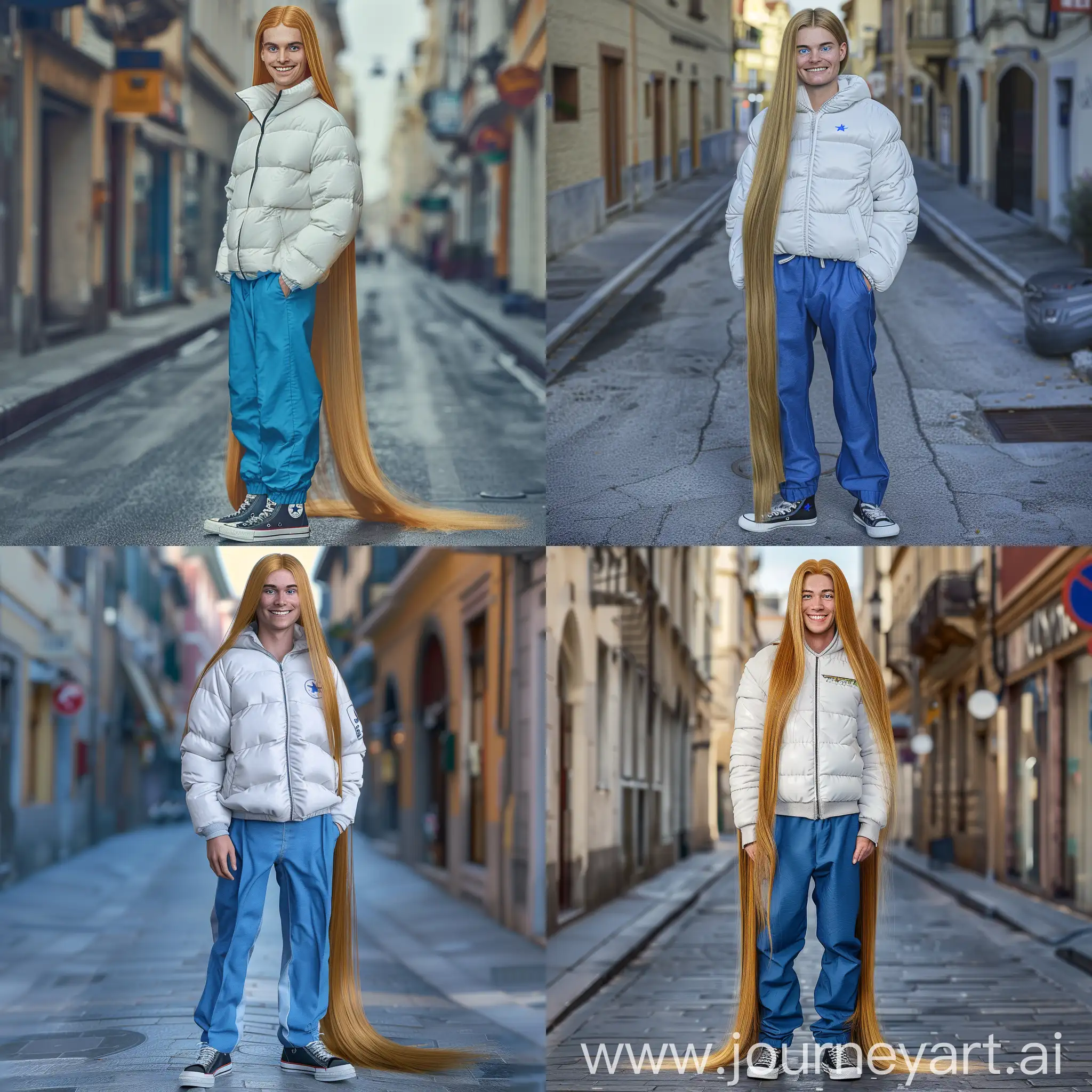 An European young man with blue eyes, smile,very long straight golden hair, long golden hair growing to the ground, wearing a white down jacket, blue trousers, black Converse shoes,perfect detailed face, detailed eyes, highly detailed,street background,detailed background,Photorealistic, Full body shot, photorealistic, 8K, HDR, 3D rendering, real life, --quality 3
