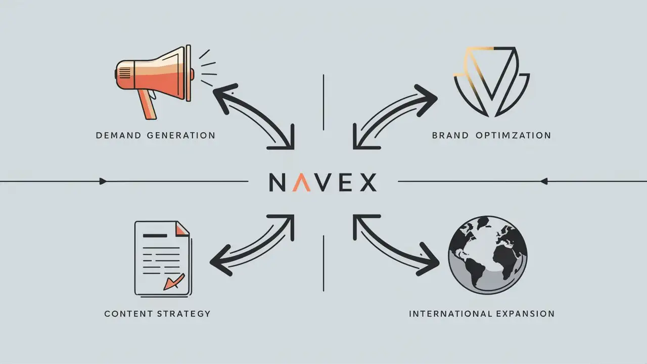 Create a corporate style graphic that illustrates the interconnected elements of demand generation, brand optimization, content strategy, and international expansion, centered around NAVEX as the core driving force.