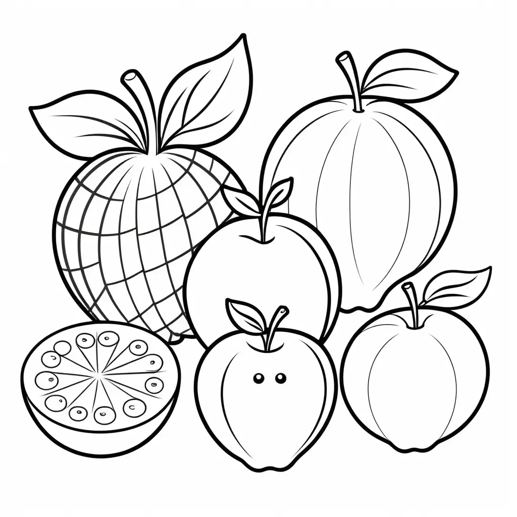 four fruits, Coloring Page, black and white, line art, white background, Simplicity, Ample White Space. The background of the coloring page is plain white to make it easy for young children to color within the lines. The outlines of all the subjects are easy to distinguish, making it simple for kids to color without too much difficulty