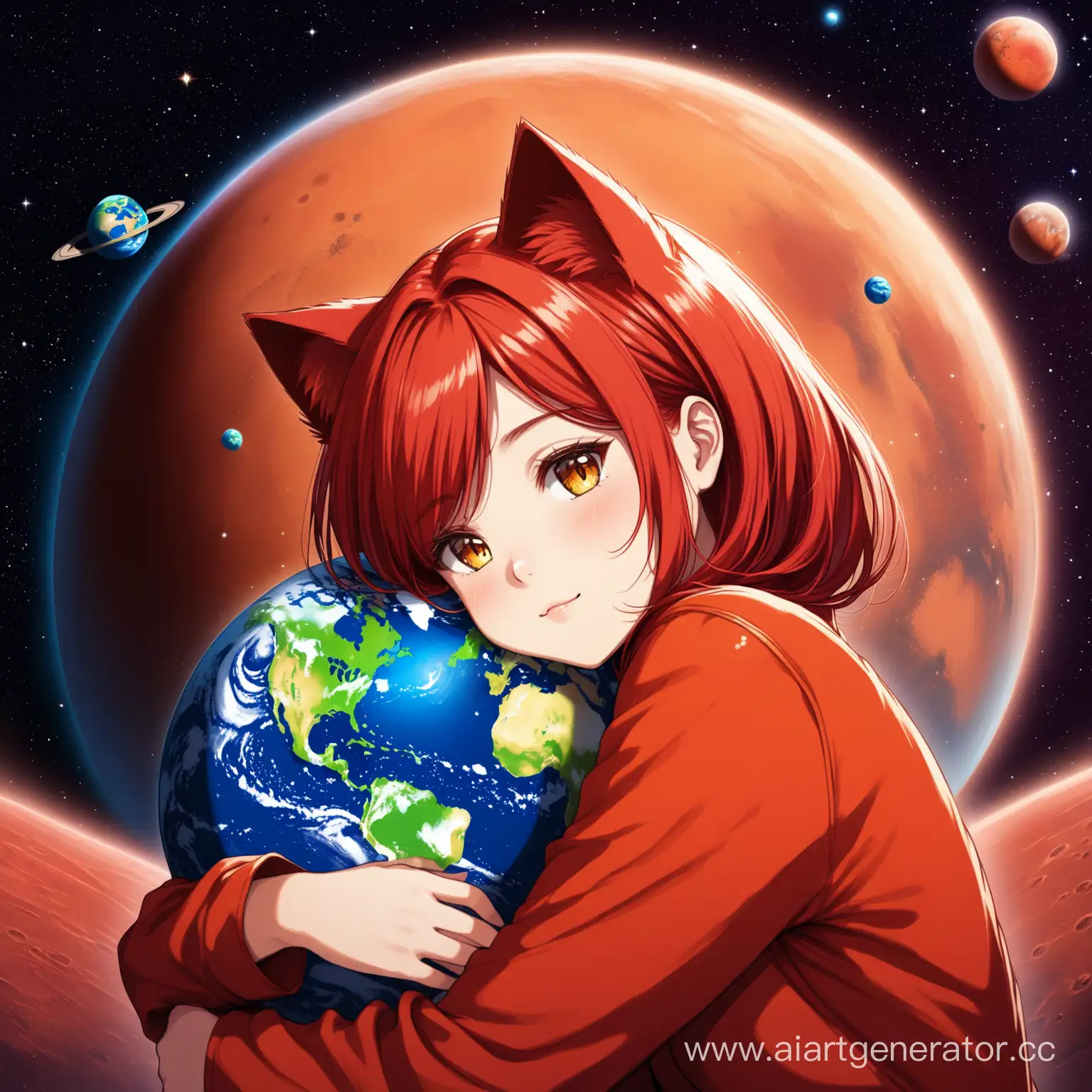 девочка с красными волосами и ушами кошки обнимает планету марс на фоне космоса