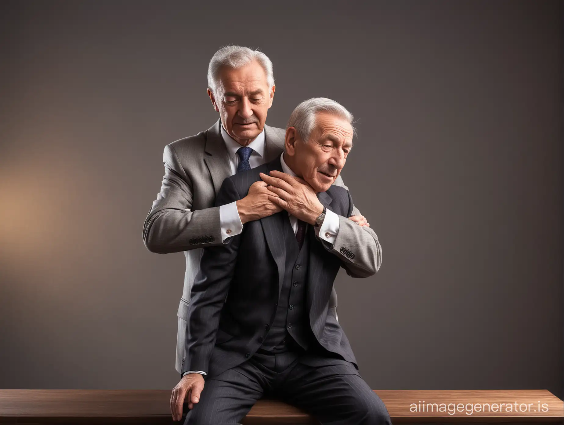 An elderly businessman placing his hands on another elderly man's breast, both men kneeling, full body shot, full body shot, office background, dramatic lighting