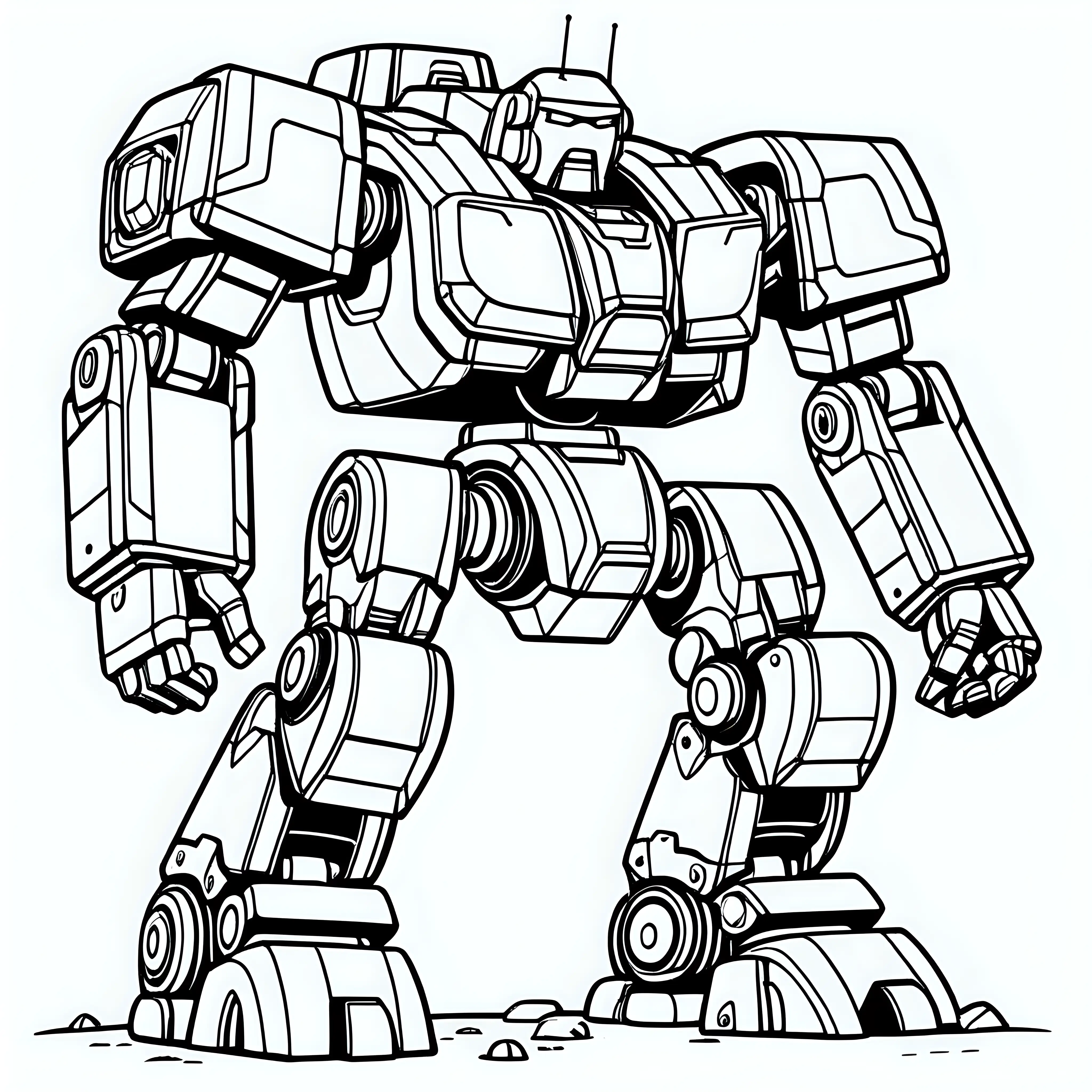 Create a chunky heavy mech, children's coloring page style , thick lines, no shading, black and white 
