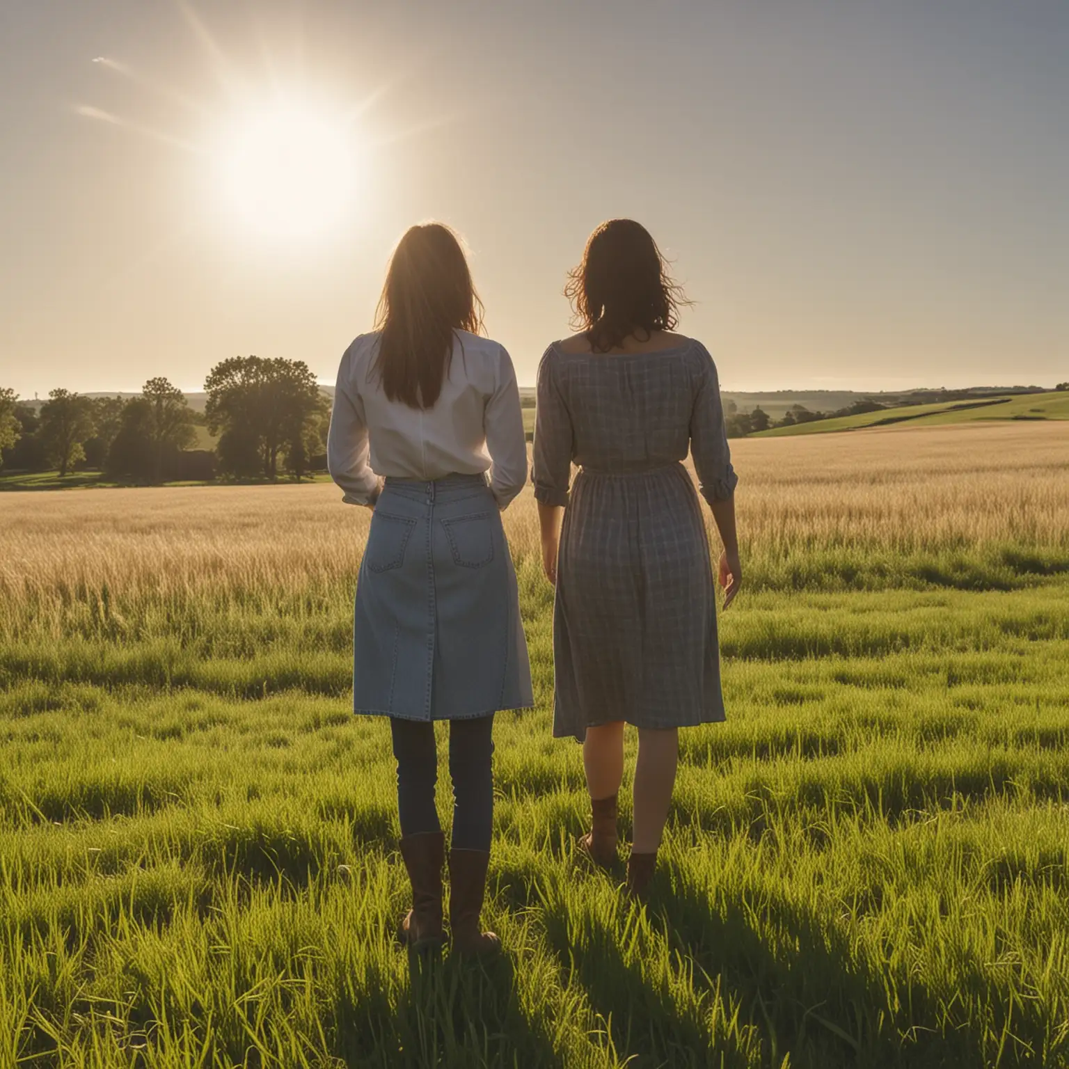 Women Admiring Farmland Pasture under Midday Sun