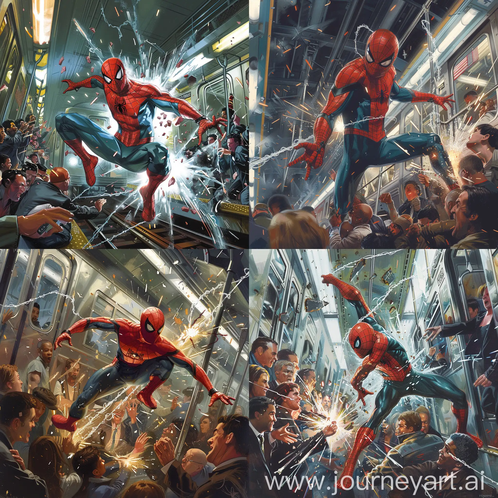 Illustrate a dynamic scene capturing the intense confrontation between Spider-Man and Electro in the depths of a bustling subway station. As sparks fly and glass shatters, depict the pivotal moment where Electro hurls Spider-Man into an oncoming subway train packed with startled passengers. The focus should be on Spider-Man's agile form as he's flung through the air, surrounded by the chaos of the electrifying battle and the panic of the commuters. Emphasize the kinetic energy and the sense of danger as the two adversaries clash in this adrenaline-fueled showdown.